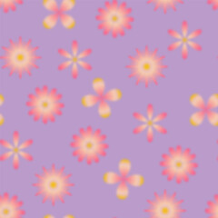 Trendy seamless pattern with y2k blurred gradient daisy flower on purple background. Groovy color background.