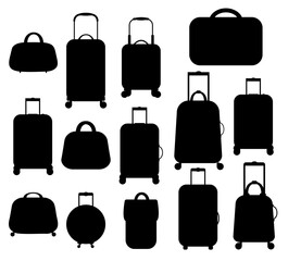 Set of black icons of luggage and backpacks. Hiking bags. Vector stock illustration. White background. isolated. Suitcase, backpack. Journey. Rest.