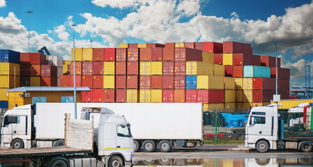Many containers in port for import and export. Freight transportation and logistics concept.