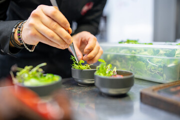 Chef cooking vegetables salad on restaurant kitchen