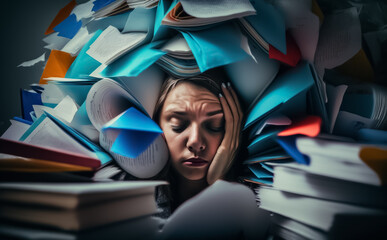 Stressed out Girl drowning in information overload, information age stress concept. Illustrative, Generative AI. Not a real person.