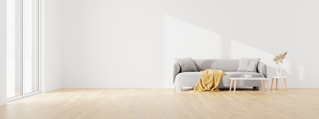 Living room interior wall mock up with gray fabric sofa and table and pillows on white background with free space on left with window during sunny day. 3d rendering. © Ampo