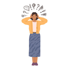 Stressful and anxious person, isolated female character under stress or pressure. Worried or depressed woman with tangled thoughts. Vector in flat style