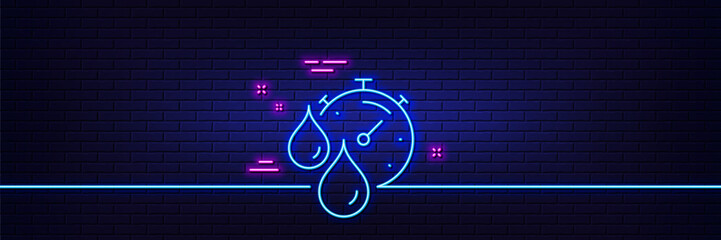 Neon light glow effect. Paint drying time line icon. Timer with dye drops sign. Dry time symbol. 3d line neon glow icon. Brick wall banner. Timer outline. Vector