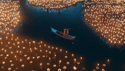 Drone view of humans at boat and floating candles, Generative AI