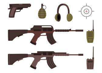 Weapons and guns for soldiers and combatants. Isolated rifles and walkie talkie with bullseye or spot. Sound headset. Flat cartoon, vector illustration