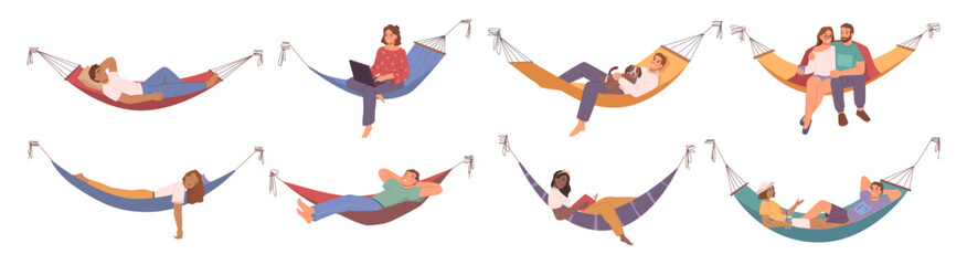 Men and women resting in hammocks, people lying and relaxing. Isolated personages reading book or working on laptop. Flat cartoon, vector illustration
