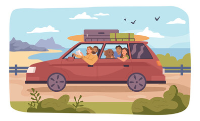 Family or friends traveling on car, people with baggage and dog pet riding on road. Summer vacation or weekends, driving along beach. Vector in flat style