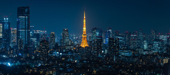 日本　東京都渋谷区の恵比寿ガーデンプレイスタワーのスカイラウンジから眺める東京の夜景と東京タワー