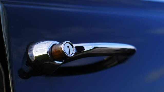 Opel Olympia classic car door handle shot, 50 fps slow motion