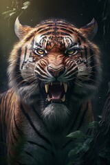 Portrait of a tiger in a dark forest, Generative AI