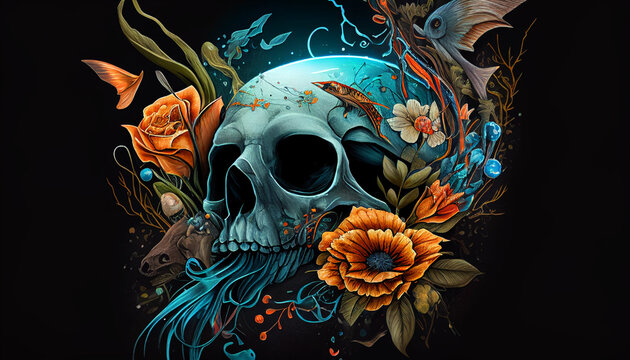 Skull design in a tattoo style with fish and flowers in green and blue on a dark background. Generative AI