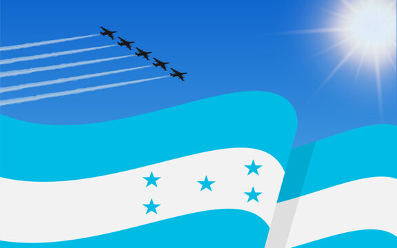 Flag of Honduras and a fighter plane formation flying in the sky. 15th September Independence day Honduras. Military aviation in the blue sky. Vector illustration