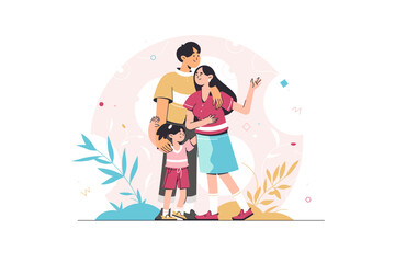 Portrait of happy family posing together. Happy parents with daughter having fun together. Cartoon isolated flat illustration