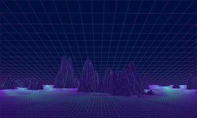 Vector wireframe landscape virtual space with neon colours. Vector illustration of metaverse dimension.