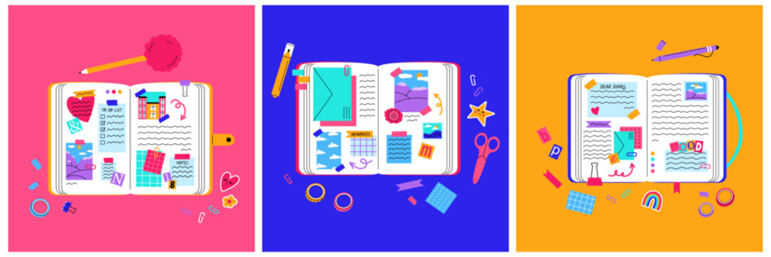 Set of colorful diaries or notebooks in y2k style for to do lists, personal plans, goals. Stickers, scotch tapes, scissors, fluffy pen, clips, pencil for decorating organizers.