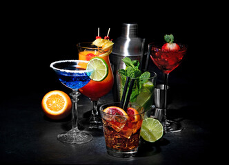 Set of various classic cocktails