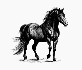 Fototapeta na wymiar Horse pencil-drawn isolated on white background. Engraved drawing. Black and white style. Horse, mare, foal. Doodle. Vector illustration