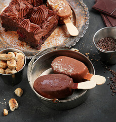 Chocolate desserts on dark background.