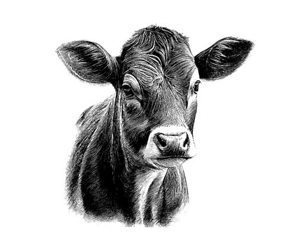 The calf is drawn with a pencil on a white isolated background. Engraved drawing. Bull, cow. Black and white style. Ideal for postcard, book, poster, banner. Doodle. Vector illustration