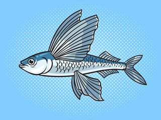 Flying fish animal pop art retro raster illustration. Comic book style imitation.