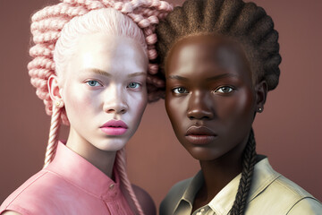 Portrait of two African American women with normal and albino skin tone. Generative ai