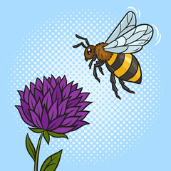 bee flies to a flower pop art retro raster illustration. Comic book style imitation.