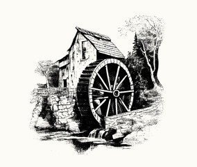 Water Mill. Engraved drawing. Hand drawn for your design, drawn in black ink on an isolated background. Black and white style. Sketch. Ideal for postcard, book, poster, banner. Vector illustration - obrazy, fototapety, plakaty