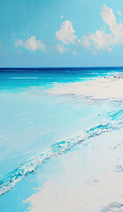 Superb minimalist, palette knife painting, white sand beach, light blue sea water. Generative AI.