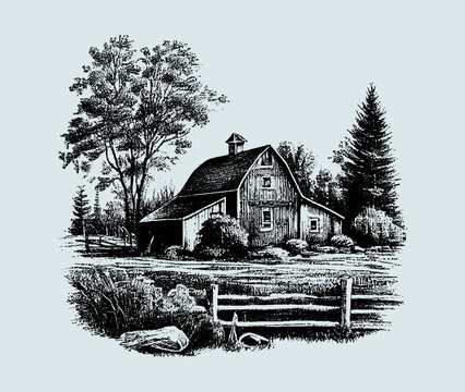 Farmhouse in the distance. Engraved drawing. Hand drawing for your design, drawn in black ink on a blue background. Black and white style. Sketch. Ideal for postcard, book, poster, banner. Vector