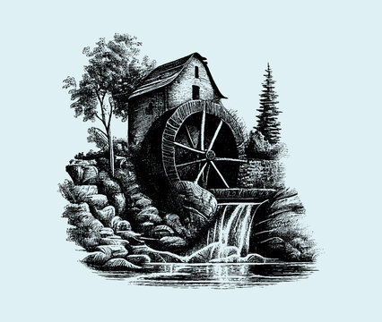 Water Mill. Drawn in pencil on a blue background. Engraved drawing. Energy saving. Black and white style. Ideal for postcard, book, poster, banner. Doodle. Vector illustration