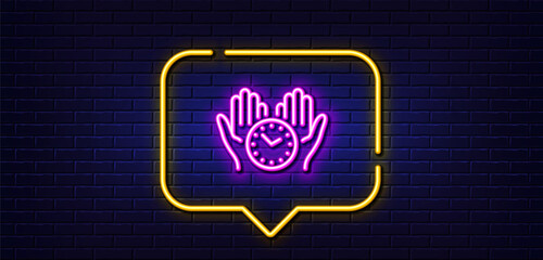 Neon light speech bubble. Safe time line icon. Clock sign. Hold watch symbol. Neon light background. Safe time glow line. Brick wall banner. Vector