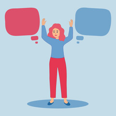 A modern woman with pink hair is screaming and indignant. Unable to choose between two options. Panic thoughts.
