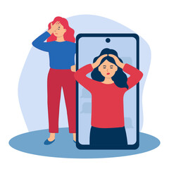 Communication at a distance. Young women hold their heads. Do not hear each other, negative emotions. Facepalm.