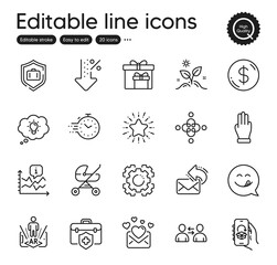 Set of Business outline icons. Contains icons as Seo gear, Baby carriage and Luggage protect elements. Timer, Star, Delivery boxes web signs. Dollar money, Three fingers, Inclusion elements. Vector