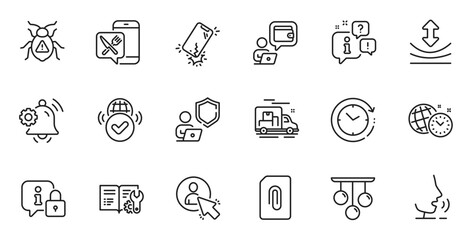 Outline set of Notification bell, Ceiling lamp and Lock line icons for web application. Talk, information, delivery truck outline icon. Include Time change, Shield, Software bug icons. Vector