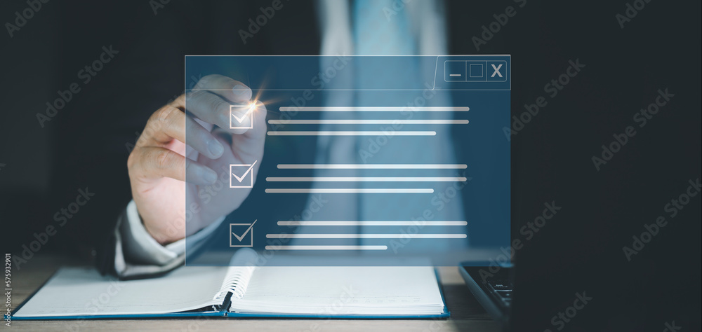 Poster business concept and smart checklist on virtual screen. businessman smart checklist and signs electr