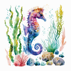 Fototapeta na wymiar Seahorse Colorful Watercolor Style Painting