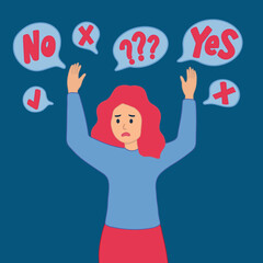Fototapeta na wymiar Young girl stands embarrassed to choose YES or NO, flat style cartoon character vector illustration. The concept of choice, choice, response, response, acceptance of failure. Use with advertising or b