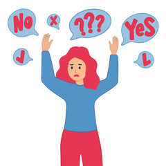 The woman screams and is indignant. Unable to choose between two options. Flat cartoon vector illustration.