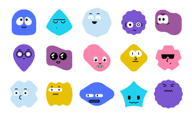 Fototapeta premium Geometric shapes with faces. Cute comic grunge doodle basic figures with emotions, funny characters. Vector cartoon set