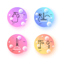 Wash hands, Household service and Washing hands minimal line icons. 3d spheres or balls buttons. Plunger icons. For web, application, printing. Liquid soap, Cleaning equipment, Hygiene care. Vector