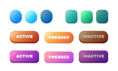Active and pressed UI buttons. Game interface menu highlighted inactive elements, animation GUI game asset. Vector set