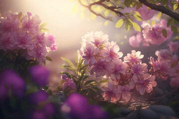 blooming cherry tree with pink flowers in soft sunlight