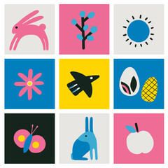 Happy Easter flat modern vector illustration. Egg hunt poster template. Minimalism. Hand drawn abstract flowers, bird, easter bunny, egg.