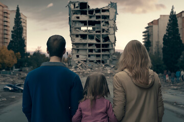A family of people man woman and children stand on the street and look at the ruined house after the earthquake, the loss of the house, the destroyed city after the bomb hit. Generative AI