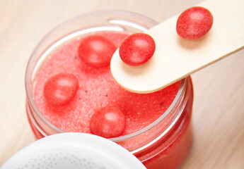 image of sugar scrub candies wooden stick desk background 