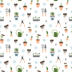 Seamless vector pattern with garden tools and seedlings on a white background. Garden ornament for textiles, background, cover and packaging