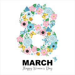 8 March. Happy Women's Day. Spring holiday. Card design with hand drawn floral ornament. Colorful background with blossom.