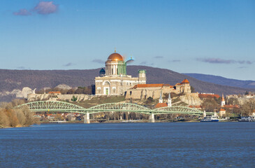 Esztergom with a bright blue sky on the Danube in Hungary